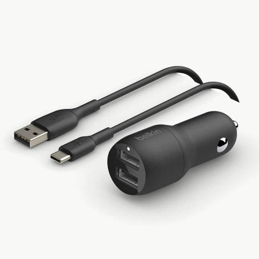 Belkin BOOST CHARGE Dual USB A Car Charger, 24W, USB A to USB C Cable