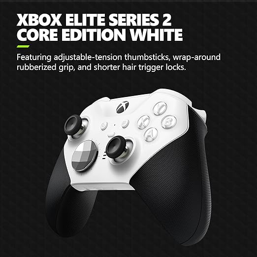Xbox Wireless Gaming Controller | Elite Series 2 Core | White | Console, PC, and Android | Adjustable Thumbsticks | Trigger Locks