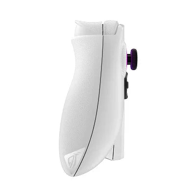A white handheld gaming controller with a textured grip, a small purple thumbstick, and a black side button, shown against a plain white background.