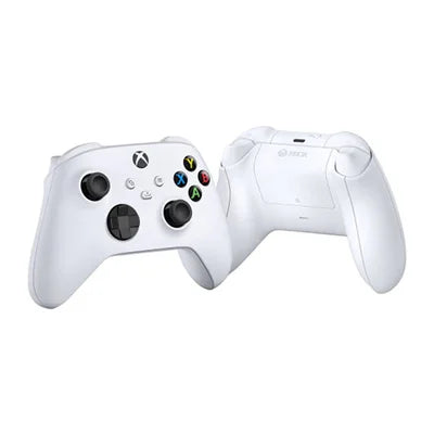 Two white Xbox wireless game controllers shown side by side on a plain white background.