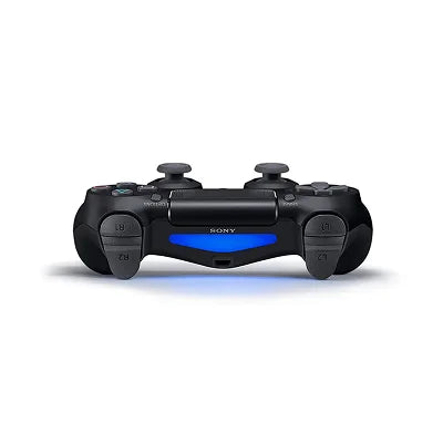 A Sony PlayStation 4 controller in black with a glowing blue light bar in the center, shown from the front on a white background.