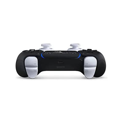 A Sony PlayStation 4 controller with a black body, white thumbsticks and grips, and blue light accents, shown from the front on a white background.