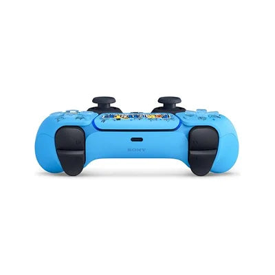 A blue Sony PlayStation 4 controller with a decorative skin featuring cartoon characters, shown against a plain white background.