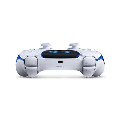 A Sony PlayStation 4 controller in white and blue, shown from the front against a plain white background.