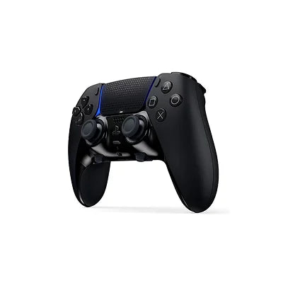 A black PlayStation 5 DualSense wireless controller with a blue accent light on the touchpad, shown from a three-quarters angle on a white background.
