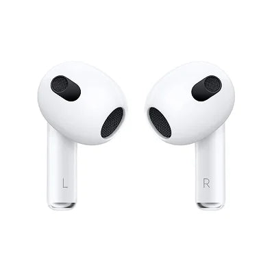 A pair of white wireless earbuds with black speaker grilles, shown from the front on a solid white background. The left earbud has an 'L' mark and the right has an 'R' mark printed on the stems.