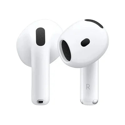 Two white wireless earbuds with black speaker grilles, shown on a clean white background.