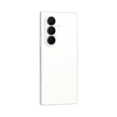 A white Samsung Galaxy S24 Ultra smartphone shown from the back, featuring a triple-camera system on the upper left corner, set against a plain white background.