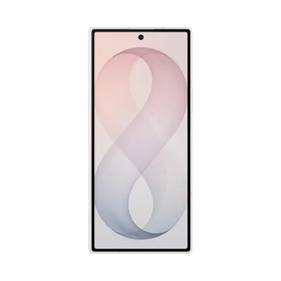 A smartphone shown from the front on a plain white background, with a black bezel and a screen displaying a soft pink and blue abstract design.