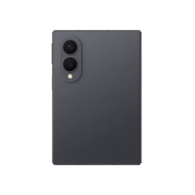 A dark gray foldable smartphone shown closed from the back, featuring a dual-camera system and a small flash, isolated on a white background.