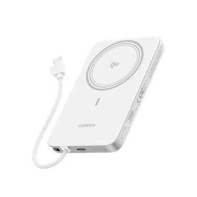 UGREEN Magflow Air MagSafe power bank White — Qi2 15W wireless charging with built-in USB-C cable