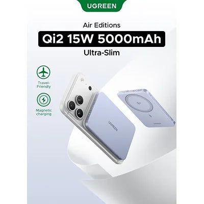 UGREEN Qi2 15W 5000mAh Ultra-Slim Air Edition wireless power bank shown beside a smartphone on a clean white background, with product text and feature icons above.