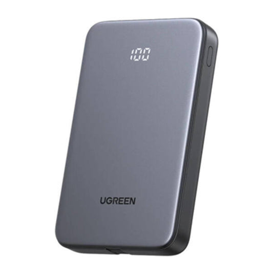 A gray UGREEN portable power bank with a digital display showing 100% battery level, set against a plain white background.