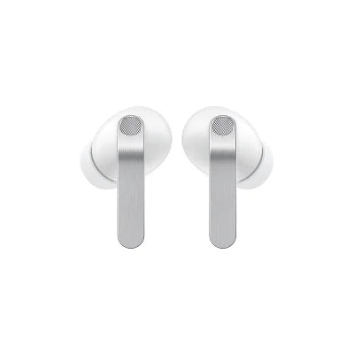 A pair of white wireless earbuds with silver metal stems, shown against a solid white background.