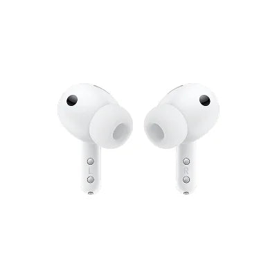 A pair of white wireless earbuds with silicone ear tips, shown from the front on a solid white background.