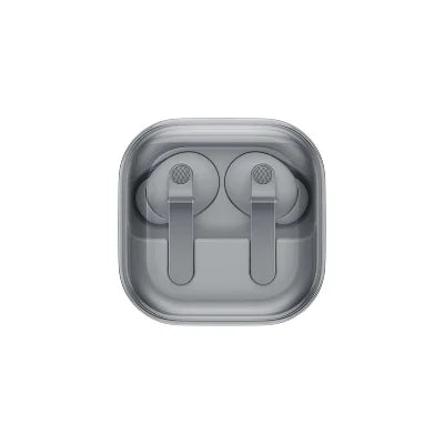 A pair of gray in-ear wireless earbuds inside a matching gray charging case, shown from a top-down view on a plain white background.