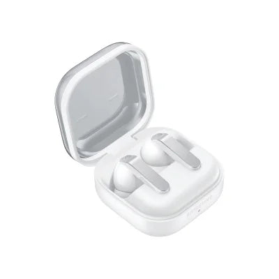 White wireless earbuds in a charging case on a white background