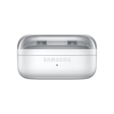 Samsung wireless earbuds charging case in white with a transparent top cover, shown on a plain white background.