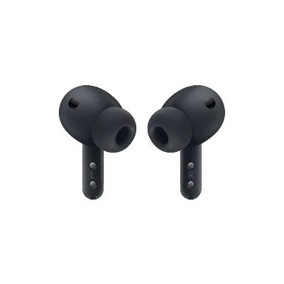 A pair of matte black wireless earbuds with silicone tips, shown from the front against a solid white background.