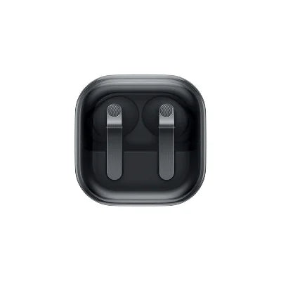 A pair of dark gray wireless earbuds inside a matching dark gray charging case, shown from a top-down view on a solid white background.