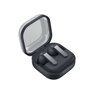 Black wireless earbuds in a open case on a white background
