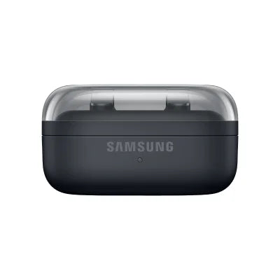 Samsung wireless earbuds charging case in matte black with a clear protective cover on top, shown against a plain white background.