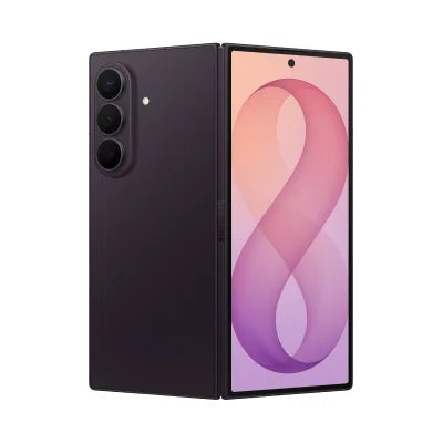 A dark purple Samsung Galaxy Z Fold 4 smartphone shown partially open, displaying its back panel and the front screen with a pink and purple abstract wallpaper, set against a plain white background.