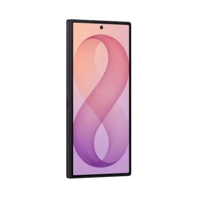 A black smartphone shown from the front on a plain white background, with a pink and purple abstract wallpaper on the screen.