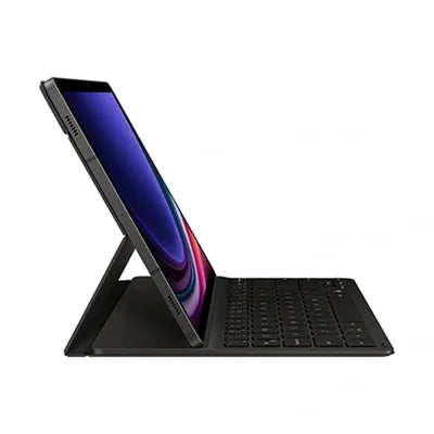 Samsung Galaxy Tab S10 FE with keyboard case, side profile view with display on, Space Black