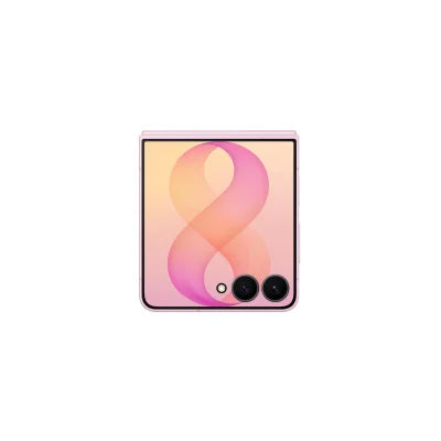 A compact foldable smartphone shown closed from the front, with a pink and peach abstract design on the screen and dual rear camera lenses visible at the bottom right.