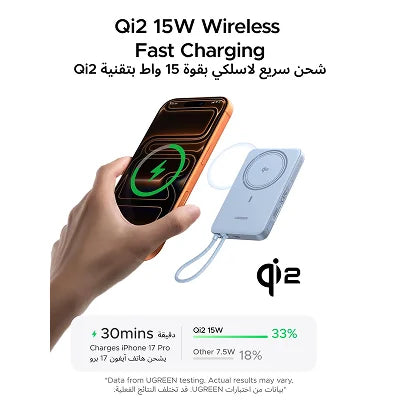 Qi2 15W wireless fast charging — UGREEN MagSafe power bank charges iPhone 17 Pro 33% in 30 minutes vs 18% with standard 7.5W