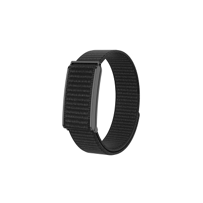 A black textured nylon loop watch band with a dark metallic clasp, shown on a plain white background.