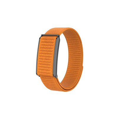 An orange woven nylon loop band with a dark gray metal clasp, shown on a plain white background.