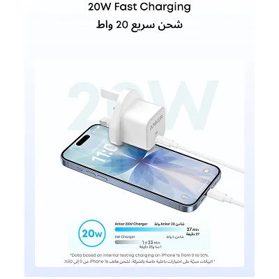 A white Samsung 20W fast charging adapter plugged into a smartphone, shown on a clean white background with Arabic text and a faint large '20W' watermark behind it.