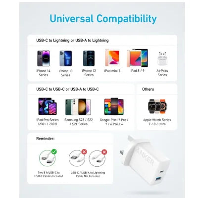A white Anker universal compatibility adapter shown on a light gray background with text listing compatible devices such as iPhone, iPad, AirPods, Samsung, and Google Pixel.