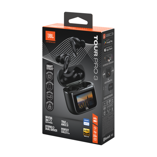 JBL Tour Pro 3 True Wireless Earbuds with ANC | Smart Charging Case with Touchscreen, JBL Pro HD Audio, 360° Spatial Sound, Black & White