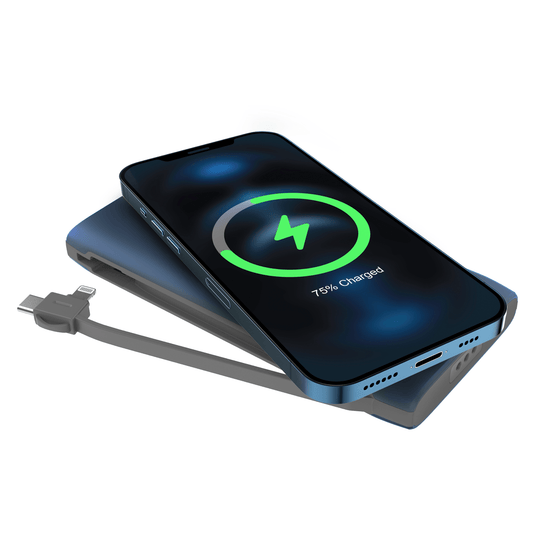 Powerology 8in1 Station 10000mAh 20W PD QC Wireless Power Bank Built-in Cable With Lightning And Type-CBlue