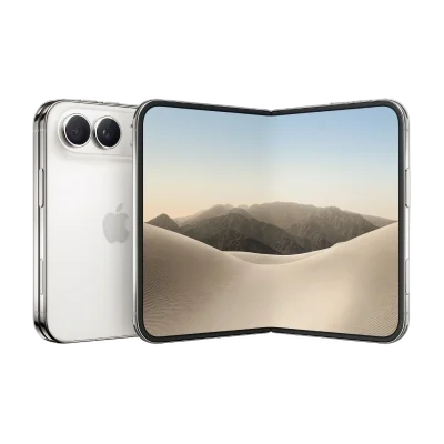 A silver Apple iPhone shown from the back alongside an open foldable smartphone displaying a desert landscape wallpaper, set against a plain white background.
