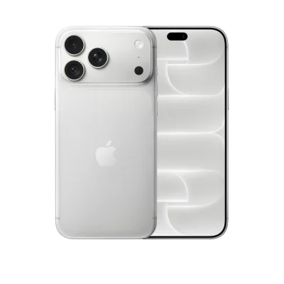 An Apple iPhone shown from the back and front, featuring a silver aluminum body, a triple-camera system on the back, and a black front bezel with a dynamic island cutout, set against a plain white background.