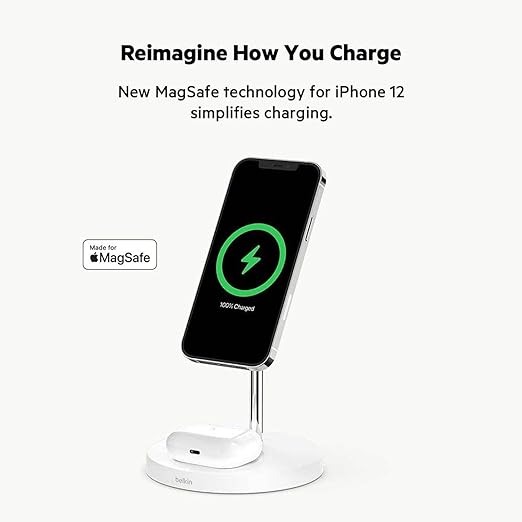 Belkin BOOSTCHARGE PRO MagSafe 2 в 1 с подставкой для беспроводного зарядного устройства мощностью 15 Вт, белый (Великобритания)