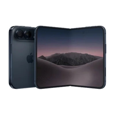 A dark blue folding smartphone shown open and closed on a plain white background, with the Apple logo visible on the back.