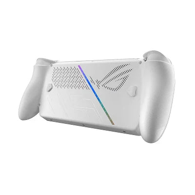 A white gaming controller grip adapter with textured vent patterns and a colorful RGB light strip, shown on a solid white background.