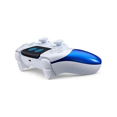 A white and blue PlayStation 5 controller with a black touchpad, shown from a three-quarters angle on a white background.