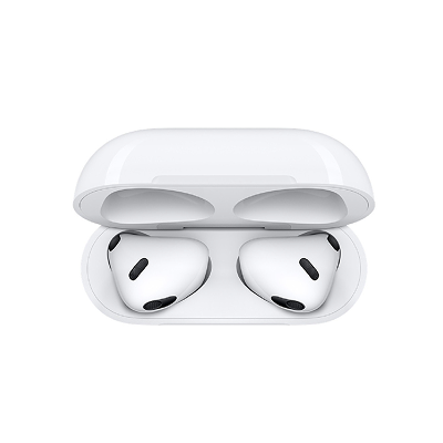 White wireless earbuds in an open white charging case on a plain white background.