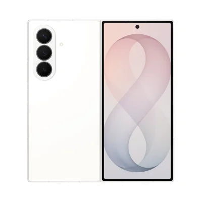 A white Samsung Galaxy S24 Ultra smartphone shown from the back and front. The back features a vertical triple-camera array, and the front displays a black bezel with a pink and blue abstract wallpaper.