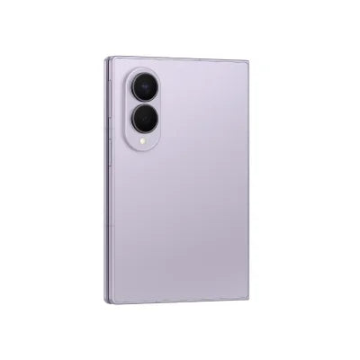 A lavender purple foldable smartphone shown closed from the back, featuring a dual-camera system and a small flash, set against a plain white background.