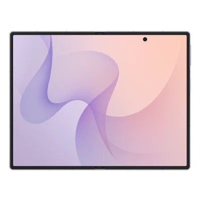 A tablet device with a black bezel and a colorful abstract wallpaper showing purple and pink waves, isolated on a white background.