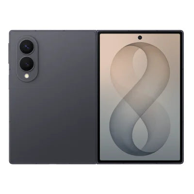 A dark gray foldable smartphone shown open, with the back panel on the left and the display on the right, set against a plain white background.