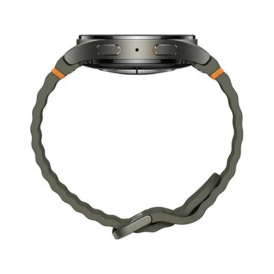 A smartwatch shown from the side with a dark olive green textured silicone strap and small orange accent tabs, on a plain white background.