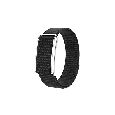 A black textured nylon watch band with a silver metal buckle, shown on a plain white background.